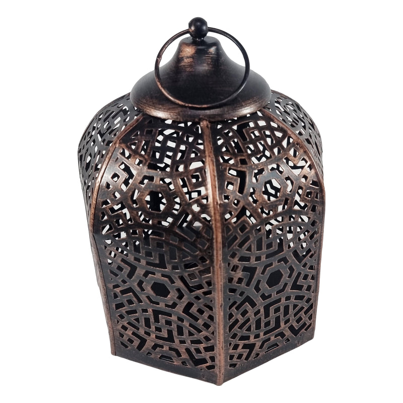 Distressed Antique Copper Perforated Iron Metal Tea Light Candle Lantern (02910)