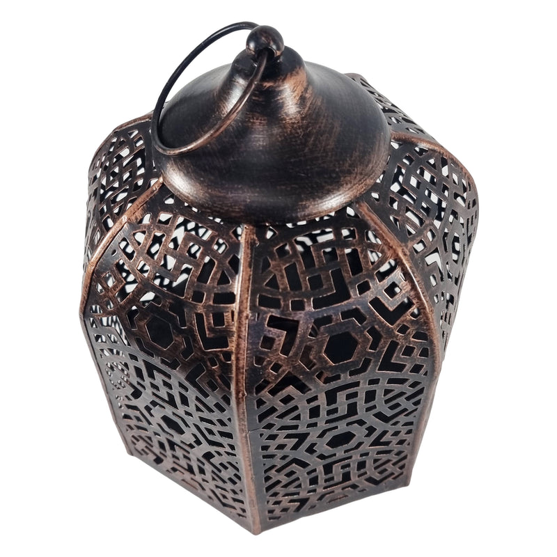 Distressed Antique Copper Perforated Iron Metal Tea Light Candle Lantern (02910)