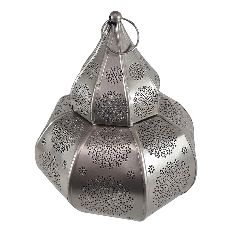Large Silver Powder-Coated Perforated Iron Metal Tea Light Candle Lantern (LAN-538)
