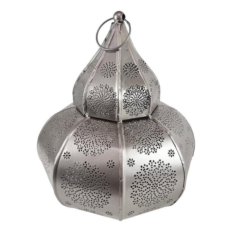 Large Silver Powder-Coated Perforated Iron Metal Tea Light Candle Lantern (LAN-538)