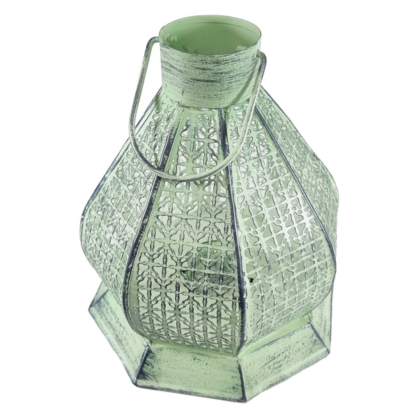 Large Green Antique Perforated Iron Metal Tea Light Candle Lantern (NS-1770B)