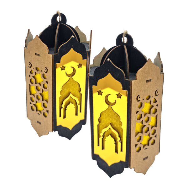 Pack of 2 Wooden Shabby Chic Table / Hanging Lantern Decoration - Black / Gold Cut Out Mosque