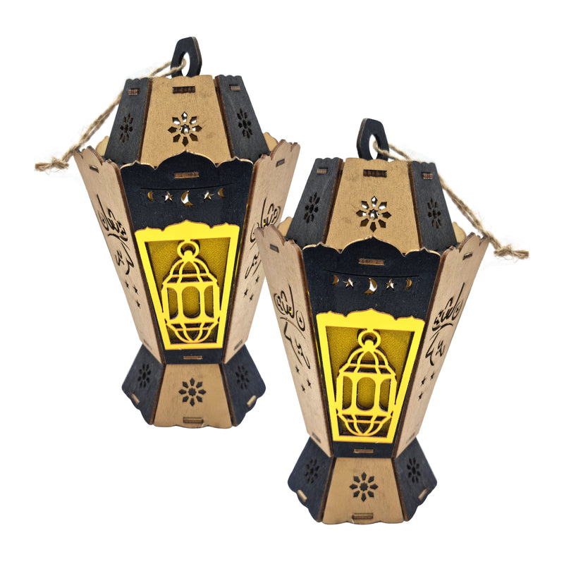 Set of 2 Wooden Shabby Chic Table / Hanging Lantern Decoration - Black / Gold Lantern Cut Out