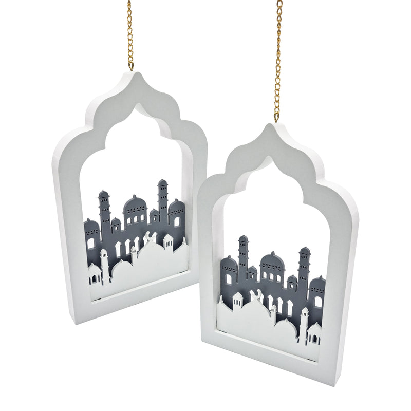 White, Silver & Hessian 'Eid Mubarak' Bunting, Half-Fan Garland, Paper/Wooden Lanterns & Stars Set (Set 22-14)