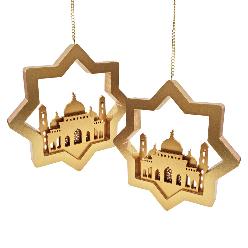 Set of 2 Gold 3D Wooden Star & Mosque Hanging Decorations