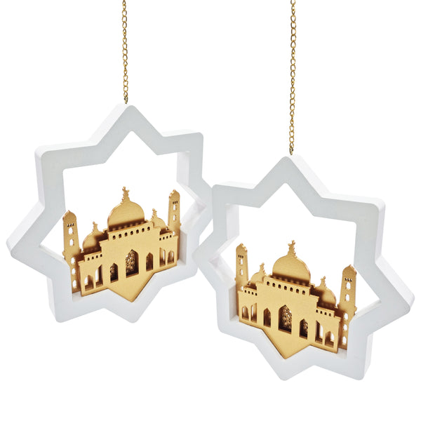 Set of 2 White & Gold 3D Wooden Star & Mosque Hanging Decorations(2116-1 WG)