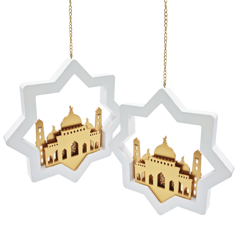 Set of 2 White & Gold 3D Wooden Star & Mosque Hanging Decorations