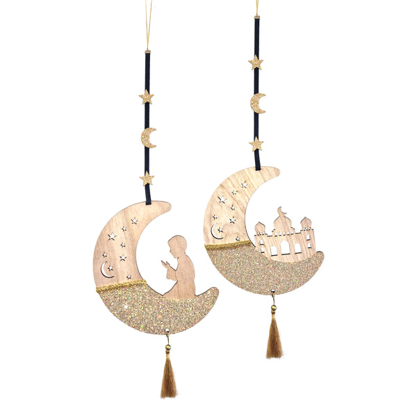 Set of 2 Wooden Mosque & Praying Crescent Moon Hanging Decorations