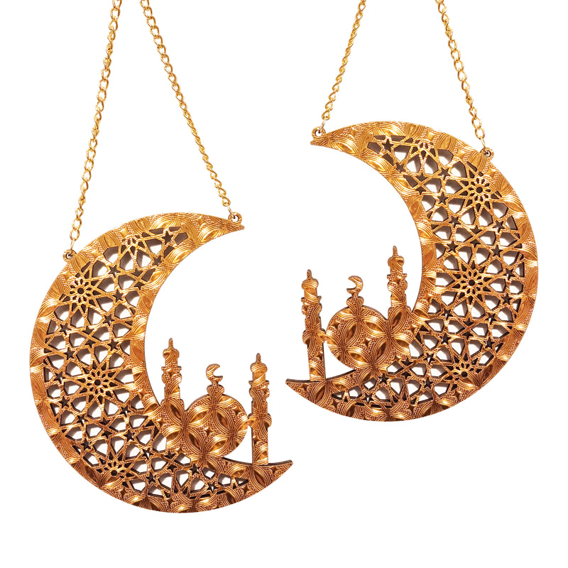 Pack of 2 Shiny Gold Geometric Cutout Eid & Ramadan Wooden Hanging Crescent Moons