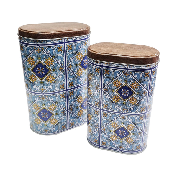 Set of 2 Blue Oval Ornate Tile Decorative Iftar Treat Tins