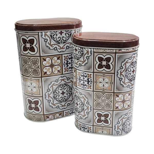 Set of 2 Brown Oval Ornate Tile Decorative Iftar Treat Tins