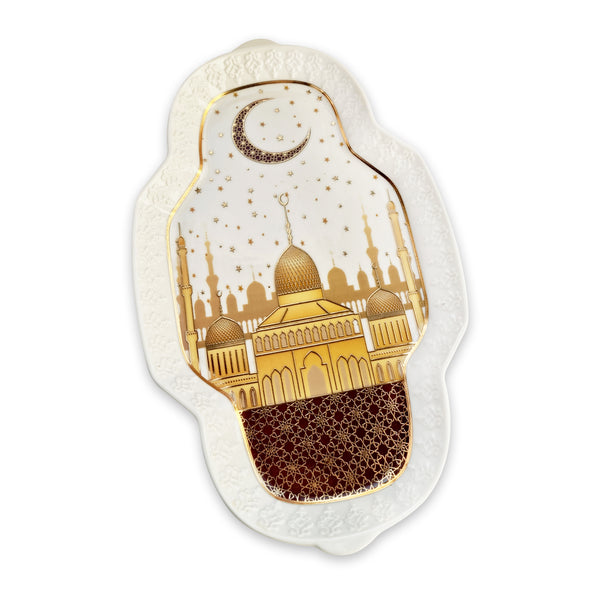 White & Gold Moon & Mosque Ceramic Plate (25cm x 15cm)