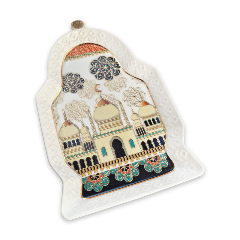 White & Multicolour Moon & Mosque Ceramic Plate (25cm x 15cm)