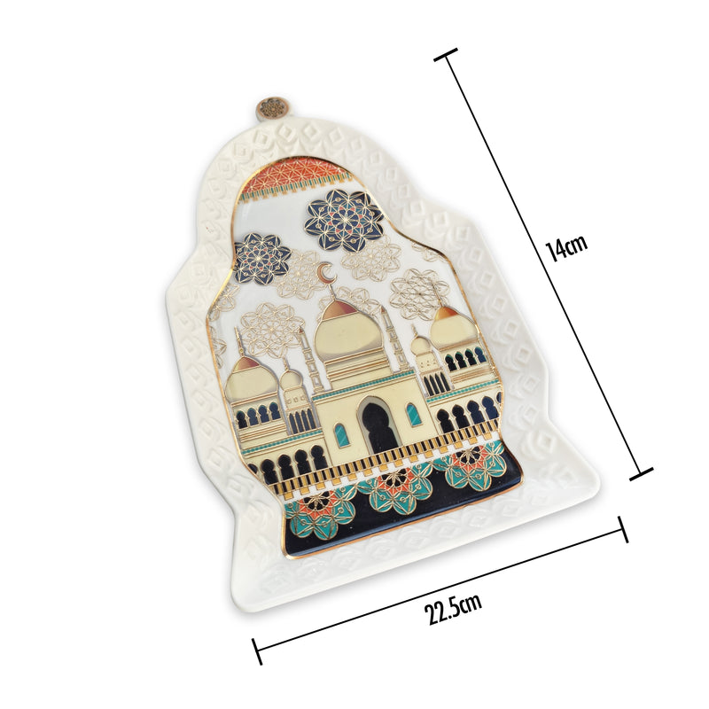 White & Multicolour Moon & Mosque Ceramic Plate (25cm x 15cm)