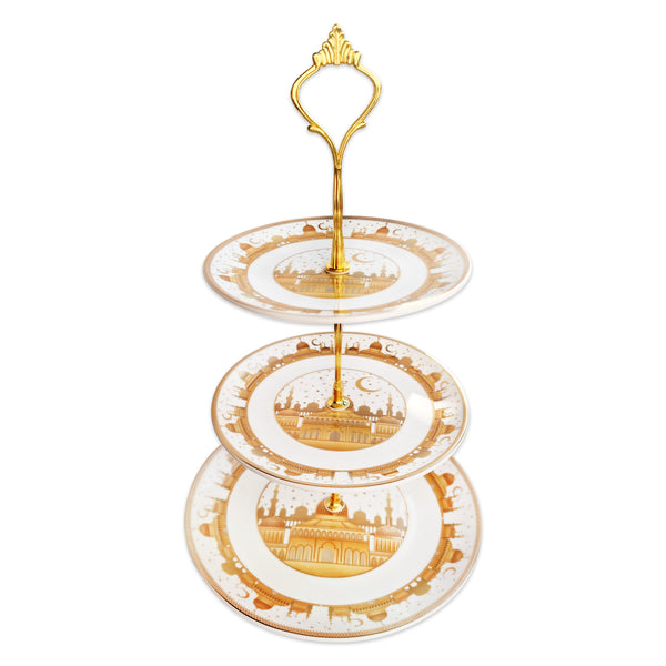 3-Tier Gold & White Ceramic Plate Serving Stand