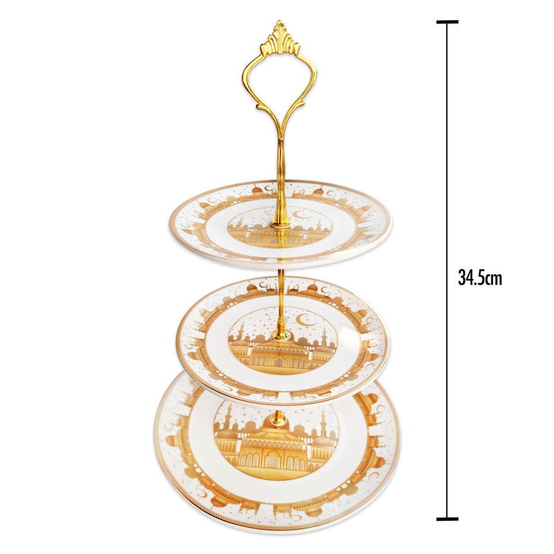 3-Tier Gold & White Ceramic Plate Serving Stand