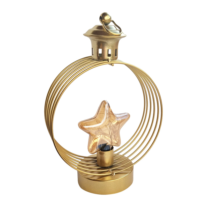 Matte Gold Metal Round Caged Lantern Table Centrepiece - LED Star