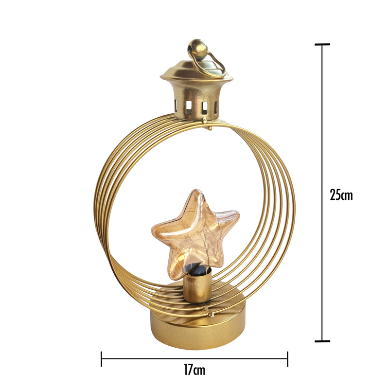 Matte Gold Metal Round Caged Lantern Table Centrepiece - LED Star