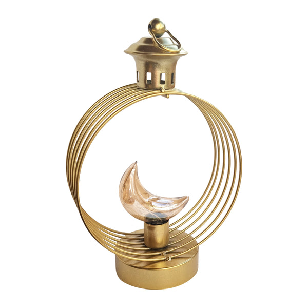 Matte Gold Metal Round Caged Lantern Table Centrepiece - LED Moon