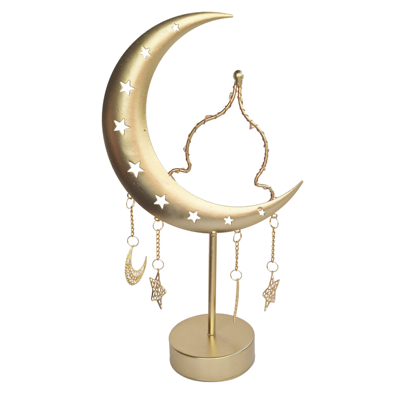 Matte Gold Metal Table Centrepiece - LED Dome/Crescent Moon w/Hanging Stars & Moons