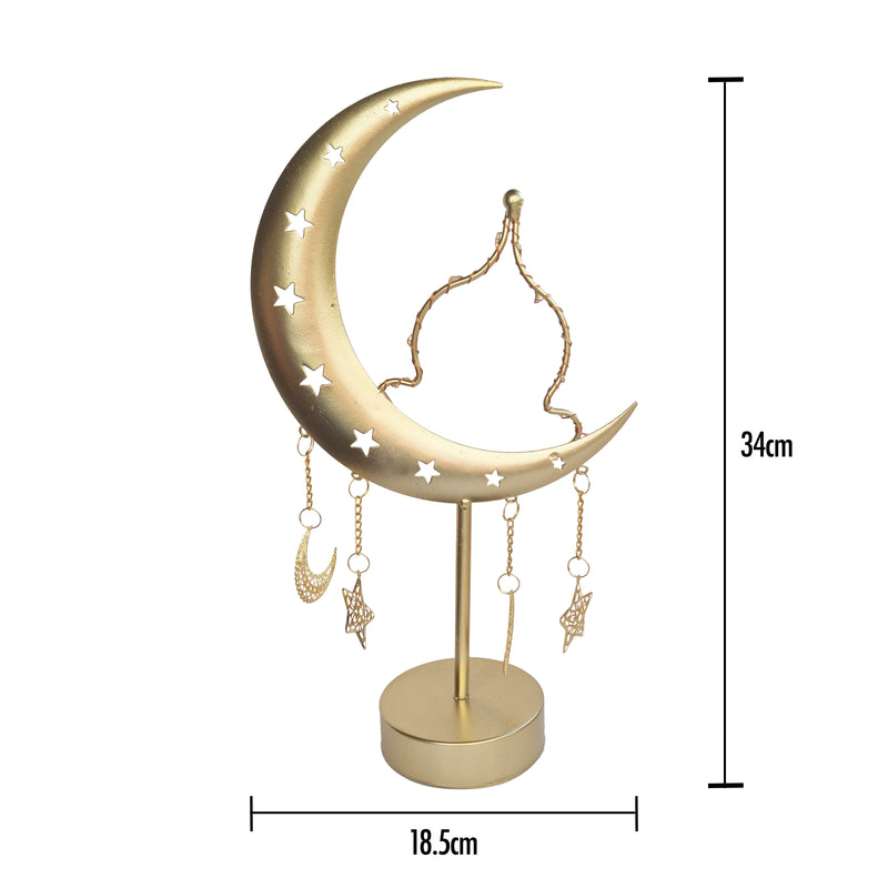 Matte Gold Metal Table Centrepiece - LED Dome/Crescent Moon w/Hanging Stars & Moons
