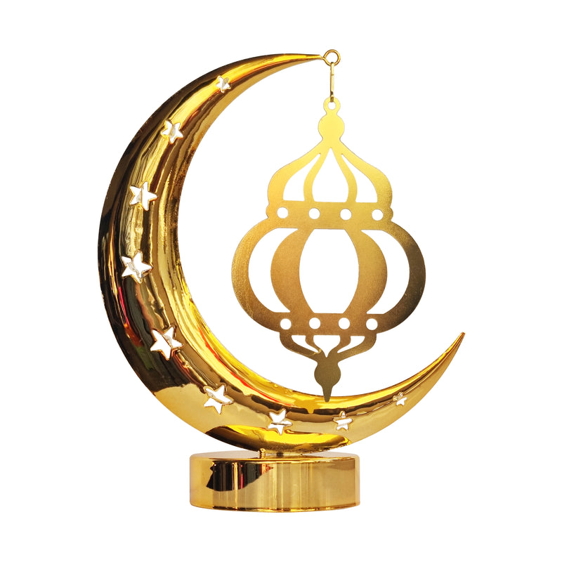 Gold Metal Table Centrepiece - Crescent Moon & Hanging Lantern