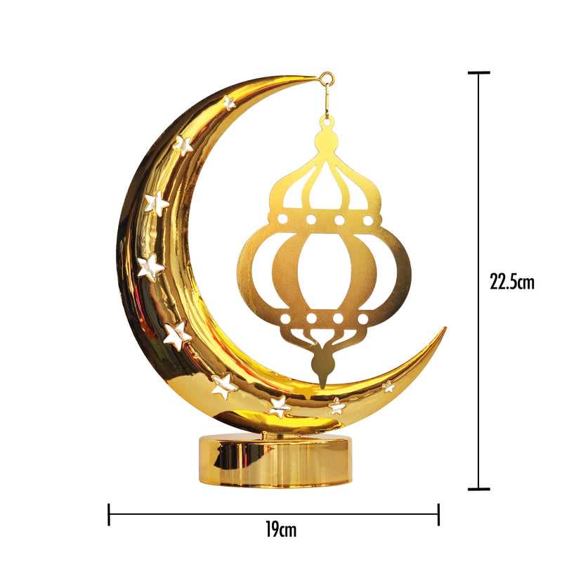 Gold Metal Table Centrepiece - Crescent Moon & Hanging Lantern