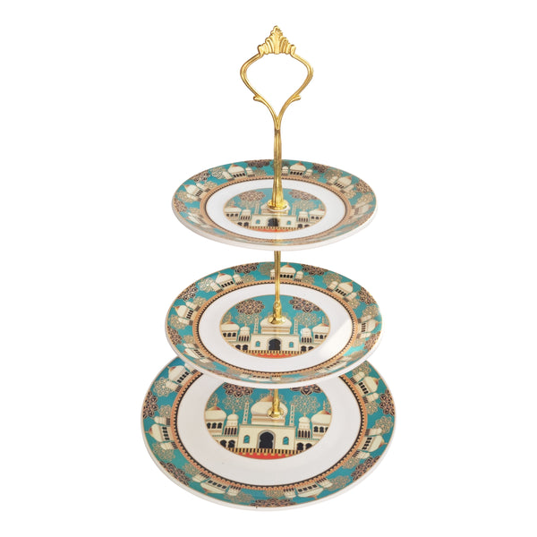 3-Tier Teal & White Ceramic Plate Serving Stand