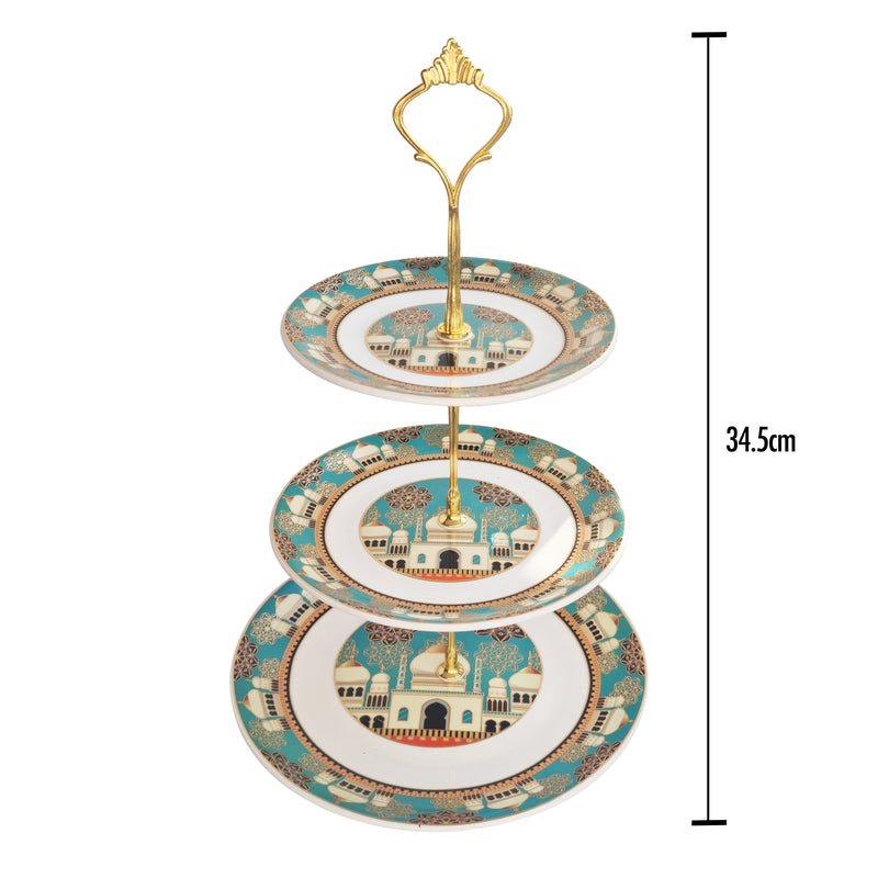 3-Tier Teal & White Ceramic Plate Serving Stand
