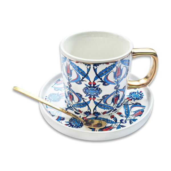 Ottoman Style Ceramic Mug, Spoon & Dish Set - Design 1