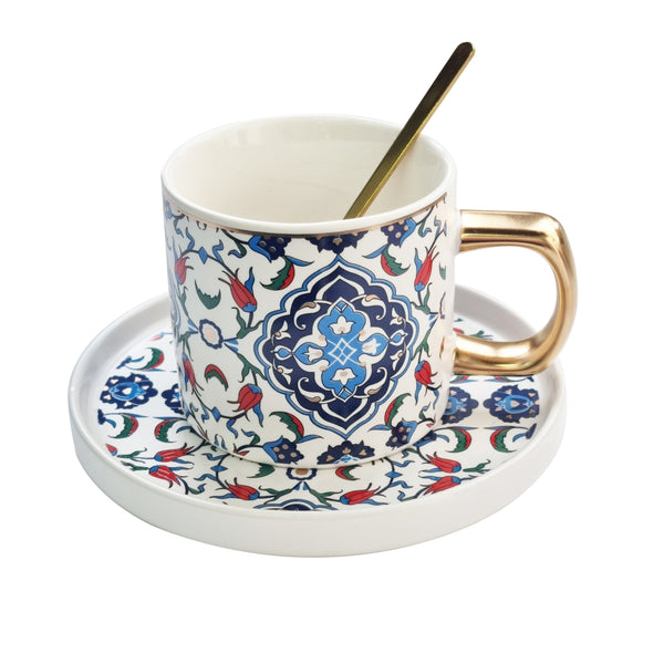 Ottoman Style Ceramic Mug, Spoon & Dish Set - Design 3