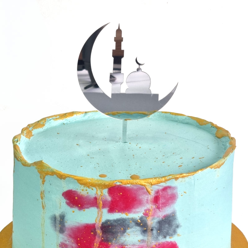 Metallic Silver Crescent Moon & Mosque Eid & Ramadan Cake Topper