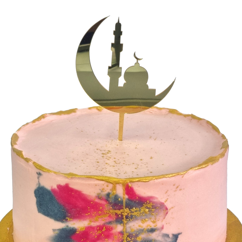 Metallic Gold Crescent Moon & Mosque Eid & Ramadan Cake Topper