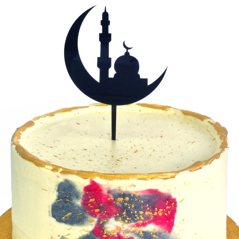 Glossy Black Crescent Moon & Mosque Eid & Ramadan Cake Topper