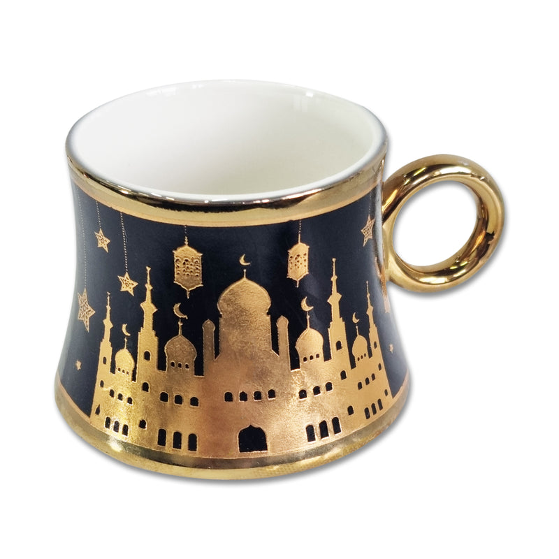 Set of 6 Ceramic Cups & Saucers - Black & Gold Mosque 'Eid Mubarak' Detailing (C22-2)