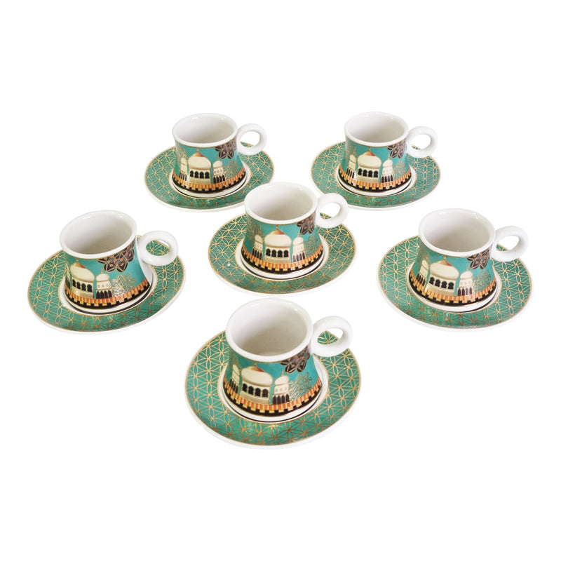 Set of 6 Ceramic Cups & Saucers - Mint Green & Gold Mosque Detailing (C22-6)