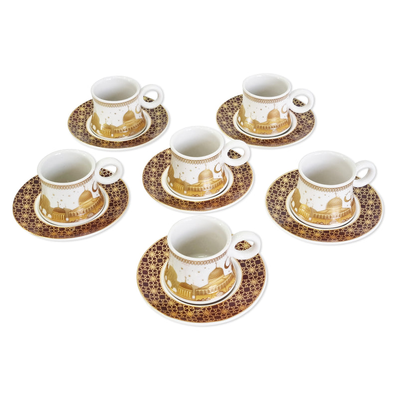 Set of 6 Ceramic Cups & Saucers - Gold & White Mosque Detailing (C22-5)