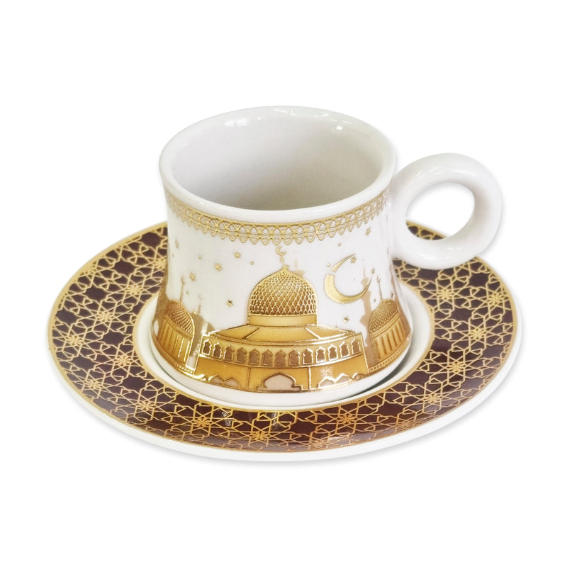 Set of 6 Ceramic Cups & Saucers - Gold & White Mosque Detailing (C22-5)