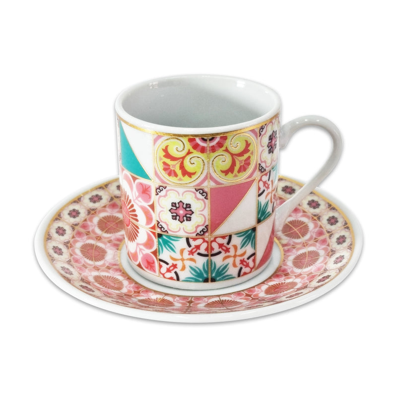 Set of 6 Ceramic Cups & Saucers - Pink Mosaque (C22-8)