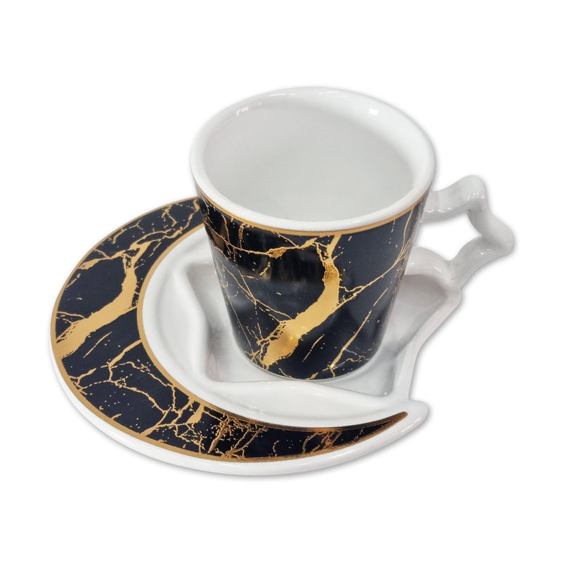 Set of 6 Ceramic Cups & Moon Shaped Saucers - Black & Gold Marble Detailing (C22-1)