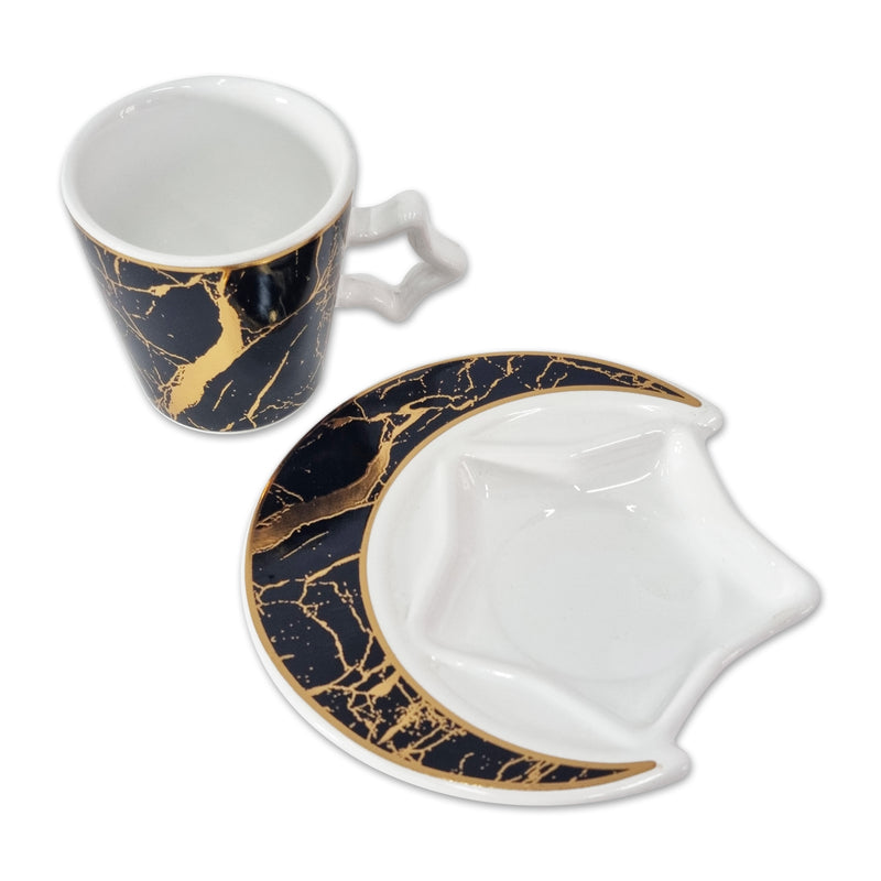 Set of 6 Ceramic Cups & Moon Shaped Saucers - Black & Gold Marble Detailing (C22-1)