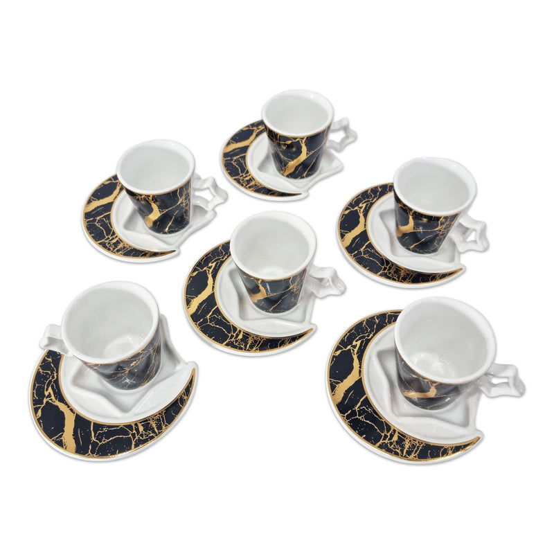 Set of 6 Ceramic Cups & Moon Shaped Saucers - Black & Gold Marble Detailing (C22-1)
