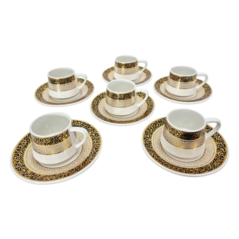 Set of 6 Ceramic Cups & Saucers - White, Black & Metallic Gold Arabic Alphabet (C22-10)