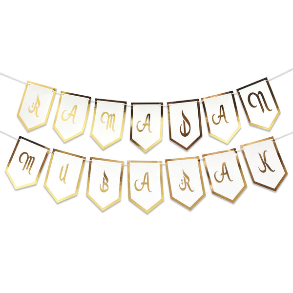 White & Gold 'Ramadan Mubarak' Pointed Pennant Card Bunting - 2m