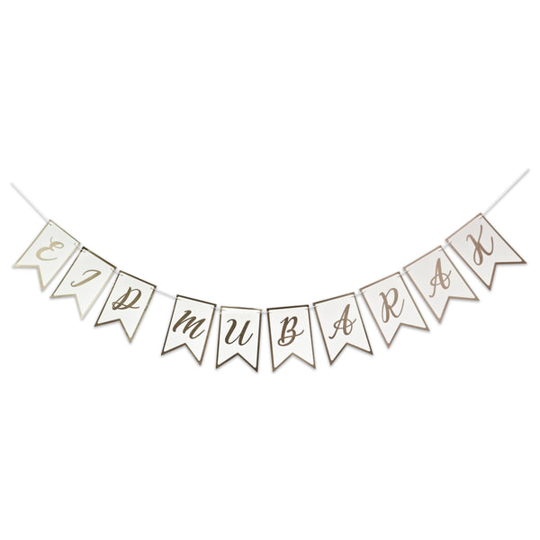 White & Taupe 'Eid Mubarak' Dovetail Pennant Card Bunting - 2m