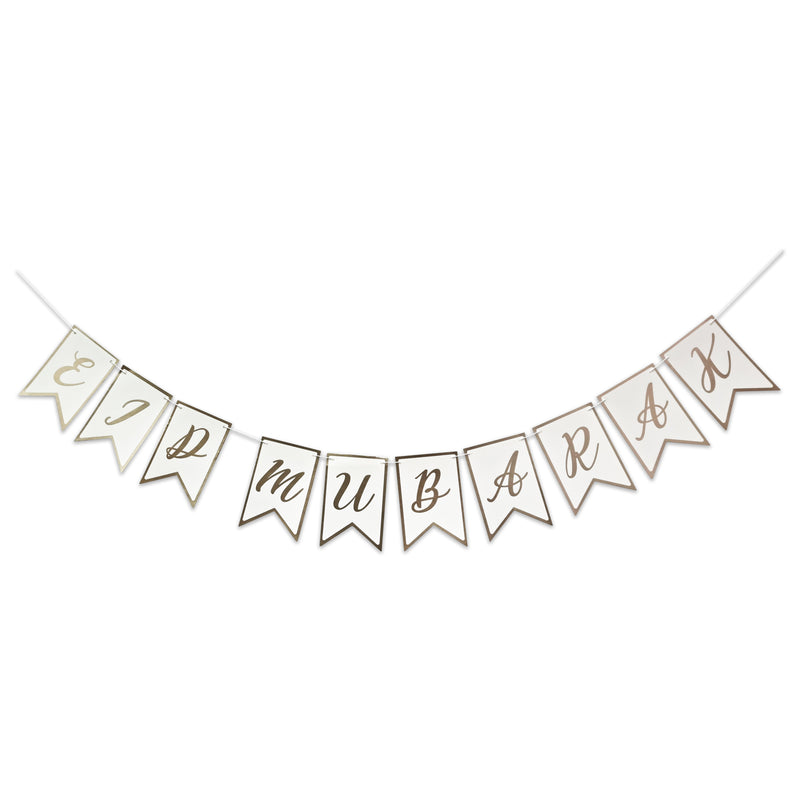 Silver & White 'Eid Mubarak' Bunting, Calligraphy Foil & Latex Balloons Set (Set 22-4)