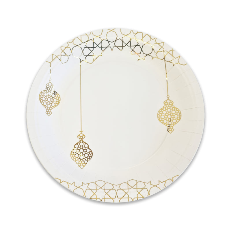 White & Gold 'Geometric Lantern' Disposable Paper Plate & Cup Set
