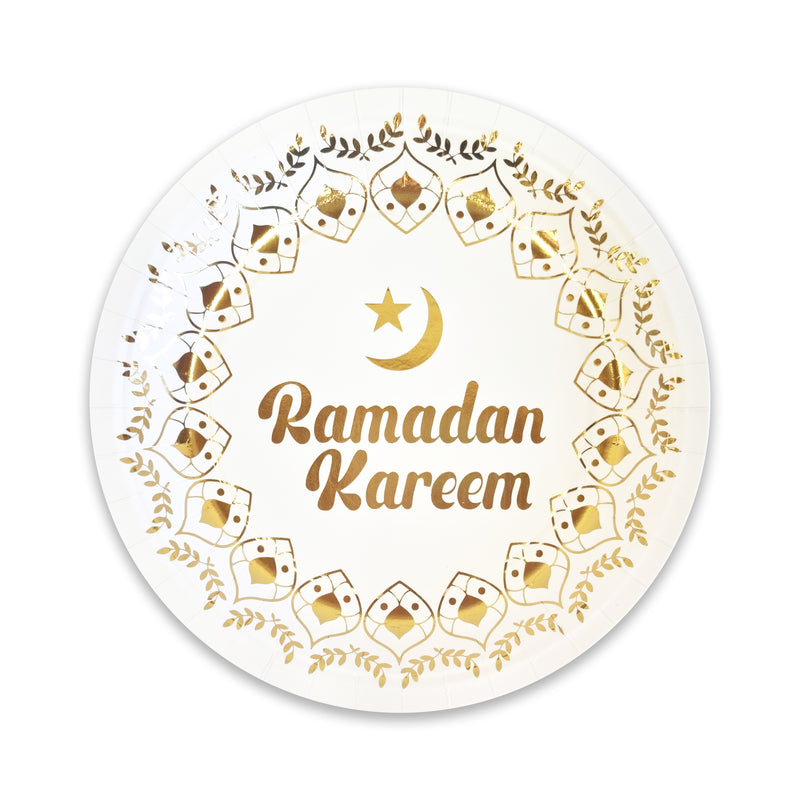 White & Metallic Gold 'Ramadan Kareem' Disposable Paper Plate & Cup Set
