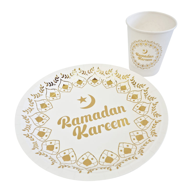 White & Metallic Gold 'Ramadan Kareem' Disposable Paper Plate & Cup Set