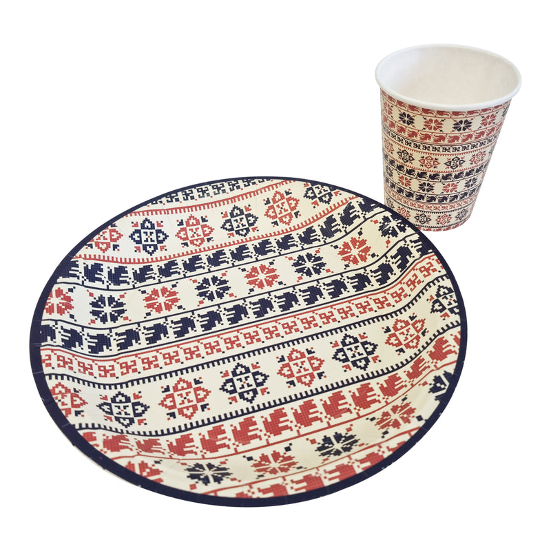 Red & Navy 'Palestinian Tapestry' Disposable Paper Plate & Cup Set